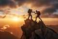 Triumph of friendship as two hikers help each other reach the mountain summit, catching in the golden glow of a sunset on top. Ai