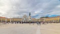 Triumphal arch at Rua Augusta and bronze statue of King Jose I at Commerce square in Lisbon, Portugal. Royalty Free Stock Photo