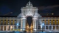 Triumphal arch at Rua Augusta at Commerce square night in Lisbon, Portugal. Royalty Free Stock Photo