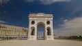triumphal arch timelapse hyperlapse and the central part of the city in Astana, Kazakhstan. Royalty Free Stock Photo