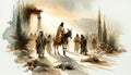 Triumphal Entry into Jerusalem. Passion Sunday. Watercolor Biblical Illustration