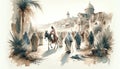 Triumphal Entry into Jerusalem. Passion Sunday. Watercolor Biblical Illustration Royalty Free Stock Photo