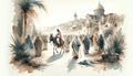 Triumphal Entry into Jerusalem. Passion Sunday. Watercolor Biblical Illustration