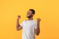 Triumphant african american man screaming in excitement, gesturing YES with both hands over yellow background