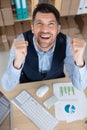 triumphant businessman at desk