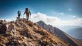Triumphant hikers reaching the majestic mountain peak