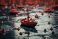 Triumphant voyage Red boat leads paper flotilla on world map, symbolizing collaborative success