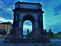 Triumphal Arch at Valentino Park in Turin city, Italy. Symbols, history and time