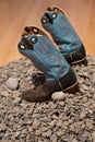 trival and traditional blue leather boots from mexico, on stones, mexico,