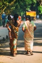 Indian mother wearing sari holds little child on green park background