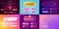 Trivia game ui. Question and answer template for quiz show, multiple choice interface with buttons and timer. Vector game app