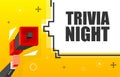 Trivia Night banner template. Marketing flyer with megaphone. Isometric and pixel style. Template for retail promotion