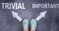 Trivial and important as different choices in life - pictured as words Trivial, important on a road to symbolize making decision