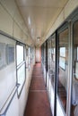 Trnava region, Slovakia - April, 2011: narrow corridor of old railway carriage