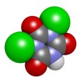 Troclosene (dichloroisocyanuric acid) molecule. Used as disinfectant, deodorant, biocide, detergent and in water purification