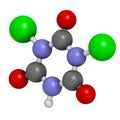 Troclosene (dichloroisocyanuric acid) molecule. Used as disinfectant, deodorant, biocide, detergent and in water purification