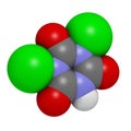 Troclosene (dichloroisocyanuric acid) molecule. Used as disinfectant, deodorant, biocide, detergent and in water purification