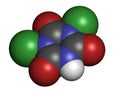 Troclosene (dichloroisocyanuric acid) molecule. Used as disinfectant, deodorant, biocide, detergent and in water purification