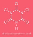 Troclosene dichloroisocyanuric acid molecule. Used as disinfectant, deodorant, biocide, detergent and in water purification..