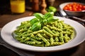 Trofie Al Pesto, Italian Pasta with Pesto Sauce, Traditional Genovese Troffie, Fusilli Pugliesi, Liguria Food Royalty Free Stock Photo