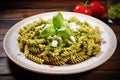 Trofie Al Pesto, Italian Pasta with Pesto Sauce, Traditional Genovese Troffie, Fusilli Pugliesi, Liguria Food Royalty Free Stock Photo