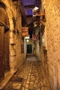 Narrow streets of mediterranean city. Trogir at night. Croatia