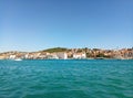 Trogir / Croatia - June 26 2017: A waterfront view on the Ciovo island from the marine of Trogir