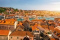 Trogir in Croatia, town panoramic view with red roof tiles, Croatian tourist destination. Trogir town sea front view, Croatia.