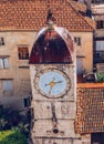 Trogir in Croatia, town panoramic view with red roof tiles, Croatian tourist destination. Trogir town sea front view, Croatia. Royalty Free Stock Photo