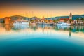 Trogir old town and harbor with boats at sunrise, Croatia