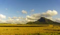 View of a mountain across a grass field Royalty Free Stock Photo