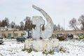 Troitskoye, Russia - November 2016: Concrete sculpture Sickle and Hammer