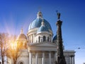 Troitsky Izmaylovsky cathedral, 18th century, and a monument `A column of Military glory`, in memory of the Russian-Turkish war Royalty Free Stock Photo