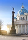 Troitsky Izmaylovsky cathedral, 18th century, and a monument `A column of Military glory`, 19th century, in memory of the Russian- Royalty Free Stock Photo