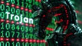 trojan hacked text on Bits and bytes binary code on a dark background. Concept of hacking cybersecurity. ai generative Royalty Free Stock Photo