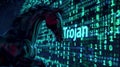 Trojan hacked text on bits and bytes binary code on a dark background. Concept of hacking cybersecurity. AI generative