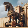 The Trojan Horse ready to enter the city walls of Troy. The Trojan war by Homer