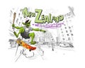 Troll jumps on a skateboard in the city Wellington. New Zealand. Hand drawn city sketch. Design fashi