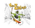 Troll jumps on a skateboard in the city Wellington. New Zealand. Hand drawn city sketch. Design fashi