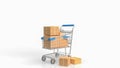 The trolley and box for e commerces concept 3d rendering Royalty Free Stock Photo