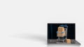 The trolley and box on notebook for e commerces concept 3d rendering