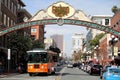 Trolley Bus Driving through the Gaslamp Quarter in San Diego