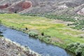 Trolley cables cross the John Day River at the Sheep Rock Unit of the John Day Fossil Beds in Oregon, USA Royalty Free Stock Photo