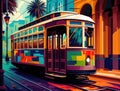 A trolley car rolling by colorful storefronts. AI generation