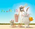 Trolley with Easter eggs, grass and Easter bunny Royalty Free Stock Photo