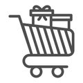 Trolley for goods with gifts line icon, Black Friday concept, shopping cart sign on white background, Supermarket Royalty Free Stock Photo