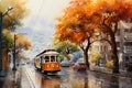 trolley in hilly city in autumn with fall colors in the trees watercolor