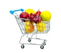 Mini shopping cart filled with fruits isolated on white background Royalty Free Stock Photo