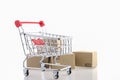 Trolley and paper boxeson white background. Ideas online shopping is a form of electronic commerce that allows consumers to
