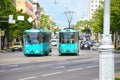 Electric transport trolleybus on the road in the city in the summer